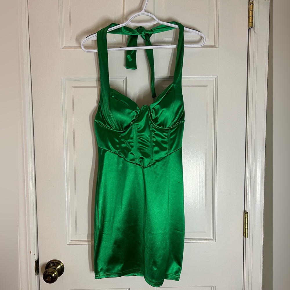 Mystique Boutique emerald green silk halter top mini dress